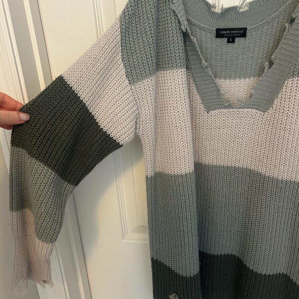 Simply Southern V-Neck Sweater - Green and Cream